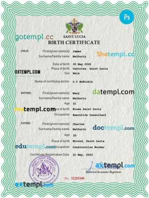 editable template, Saint Lucia vital record birth certificate PSD template, fully editable