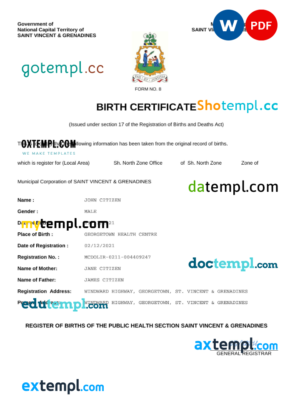 editable template, Saint Vincent & Grenadines vital record birth certificate Word and PDF template, completely editable