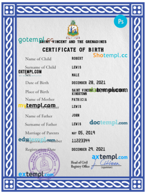 editable template, Saint Vincent and the Grenadines birth certificate PSD template, completely editable