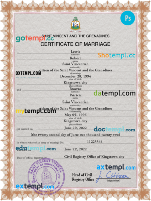 editable template, Saint Vincent and the Grenadines marriage certificate PSD template, completely editable