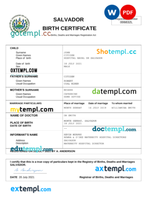 editable template, Salvador birth certificate Word and PDF template, completely editable