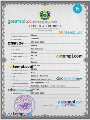editable template, Salvador vital record birth certificate PSD template