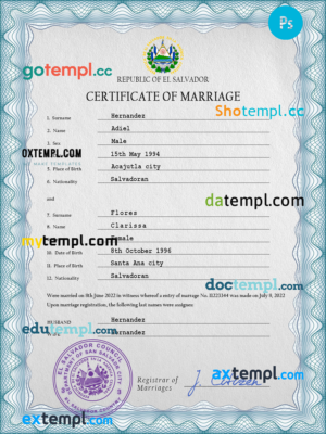 editable template, Salvador marriage certificate PSD template, fully editable
