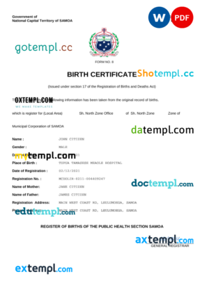editable template, Samoa vital record birth certificate Word and PDF template, completely editable