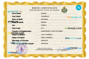 editable template, Samoa vital record birth certificate PSD template, fully editable