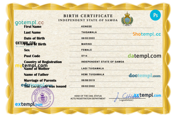 editable template, Samoa vital record birth certificate PSD template, fully editable