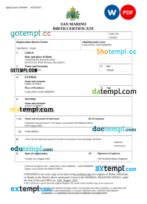 editable template, San Marino birth certificate Word and PDF template, completely editable