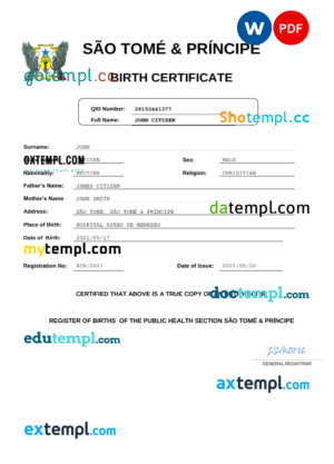 editable template, Sao Tome & Principe vital record birth certificate Word and PDF template, completely editable