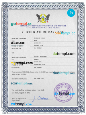 editable template, Sao Tome and Principe marriage certificate PSD template, completely editable