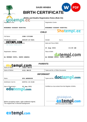 editable template, Saudi Arabia birth certificate Word and PDF template, completely editable