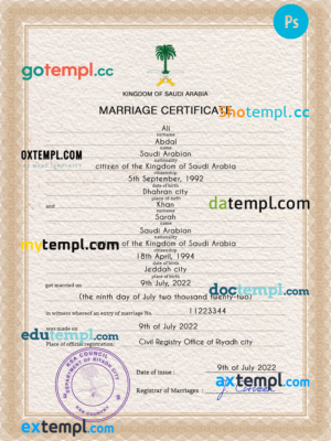 editable template, Saudi Arabia marriage certificate PSD template, fully editable