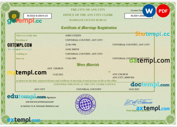 editable template, # green universal marriage certificate Word and PDF template, fully editable