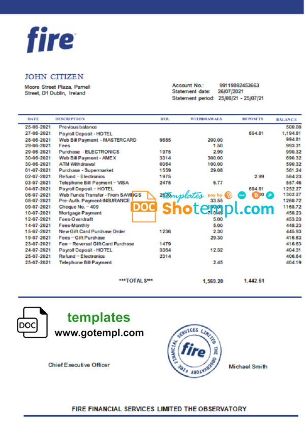 editable template, Ireland Fire Financial Services Limited account statement template in Word and PDF format