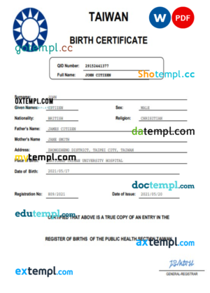 editable template, Taiwan vital record birth certificate Word and PDF template, completely editable