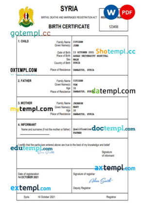 editable template, Syria birth certificate Word and PDF template, completely editable