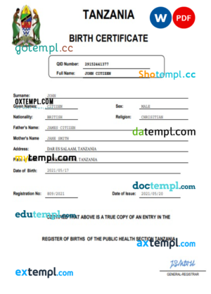 editable template, Tanzania birth certificate Word and PDF template, completely editable