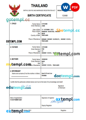 editable template, Thailand vital record birth certificate Word and PDF template, completely editable