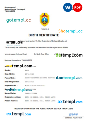 editable template, Timor-Leste birth certificate Word and PDF template, completely editable