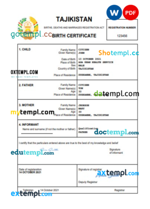 editable template, Tajikistan vital record birth certificate Word and PDF template, completely editable