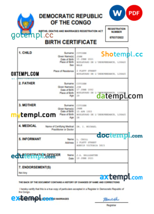 editable template, Democratic Republic of the Congo birth certificate Word and PDF template, completely editable