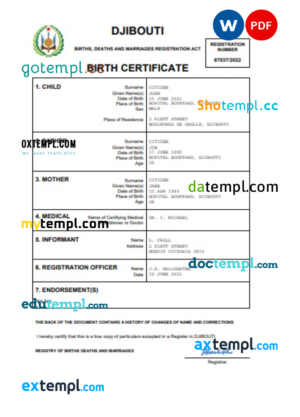 editable template, Djibouti birth certificate Word and PDF template, completely editable