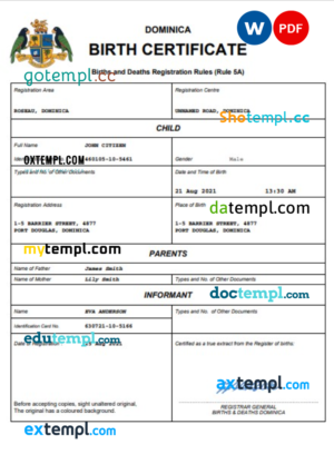 editable template, Dominica vital record birth certificate Word and PDF template, completely editable