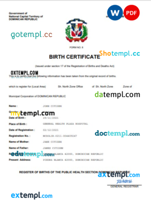 editable template, Dominican Republic birth certificate Word and PDF template, completely editable