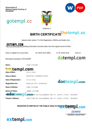 editable template, Ecuador vital record birth certificate Word and PDF template, completely editable