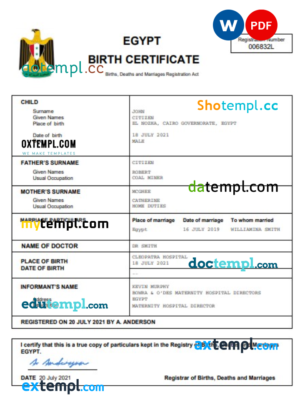 editable template, Egypt birth certificate Word and PDF template, completely editable
