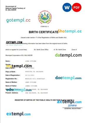 editable template, El Salvador vital record birth certificate Word and PDF template, completely editable