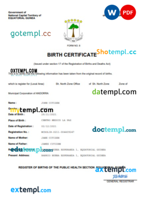 editable template, Equatorial Guinea birth certificate Word and PDF template, completely editable