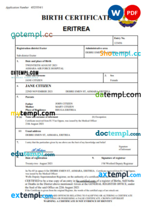 editable template, Eritrea vital record birth certificate Word and PDF template, completely editable