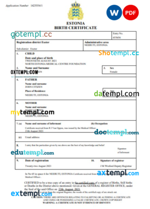 editable template, Estonia vital record birth certificate Word and PDF template, completely editable