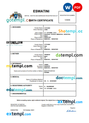 editable template, Eswatini birth certificate Word and PDF template, completely editable