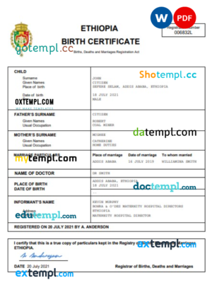 editable template, Ethiopia vital record birth certificate Word and PDF template, completely editable