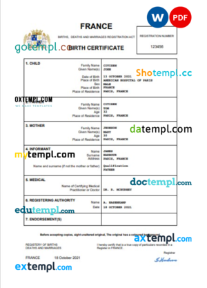 editable template, France birth certificate Word and PDF template, completely editable