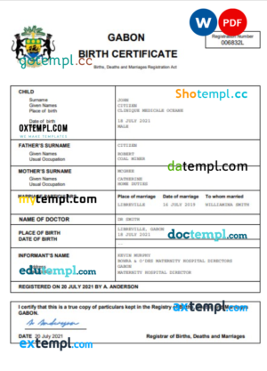 editable template, Gabon vital record birth certificate Word and PDF template, completely editable