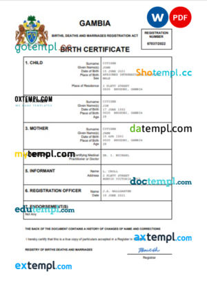editable template, Gambia birth certificate Word and PDF template, completely editable