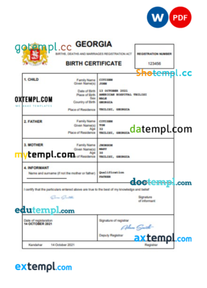 editable template, Georgia vital record birth certificate Word and PDF template, completely editable