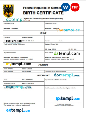 editable template, Germany birth certificate Word and PDF template, completely editable