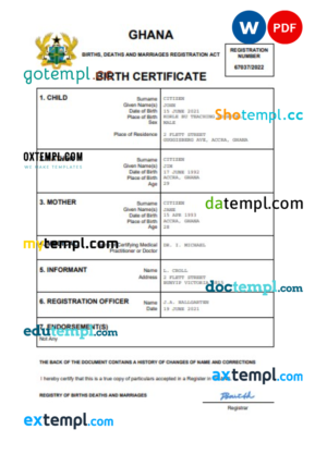 editable template, Ghana vital record birth certificate Word and PDF template, completely editable