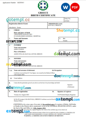 editable template, Greece birth certificate Word and PDF template, completely editable