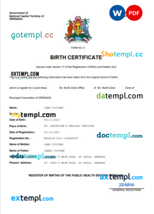 editable template, Grenada vital record birth certificate Word and PDF template, completely editable