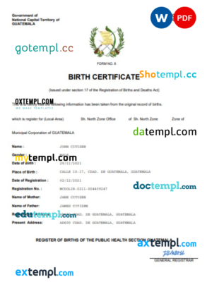 editable template, Guatemala birth certificate Word and PDF template, completely editable