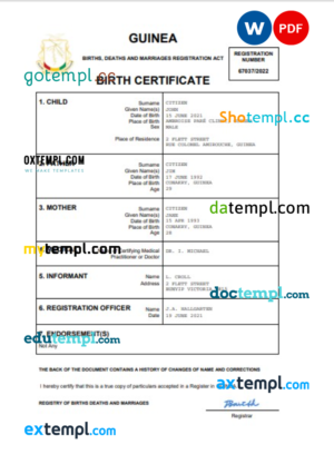 editable template, Guinea vital record birth certificate Word and PDF template, completely editable