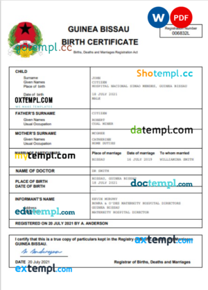 editable template, Guinea Bissau birth certificate Word and PDF template, completely editable