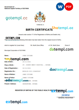 editable template, Guyana vital record birth certificate Word and PDF template, completely editable