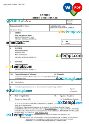 editable template, Cyprus birth certificate Word and PDF template, completely editable