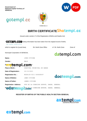 editable template, Senegal vital record birth certificate Word and PDF template, completely editable