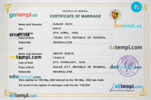 editable template, Senegal marriage certificate PSD template, completely editable